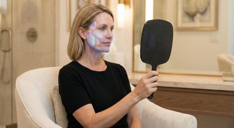 Gemini said A woman with a digital anatomical overlay on her cheek and jawline looks into a hand mirror.