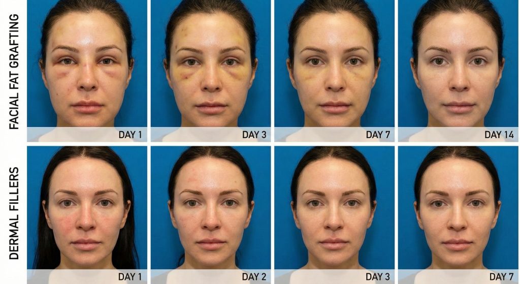 side by side comparison showing the recovery of facial fat grafting vs fillers