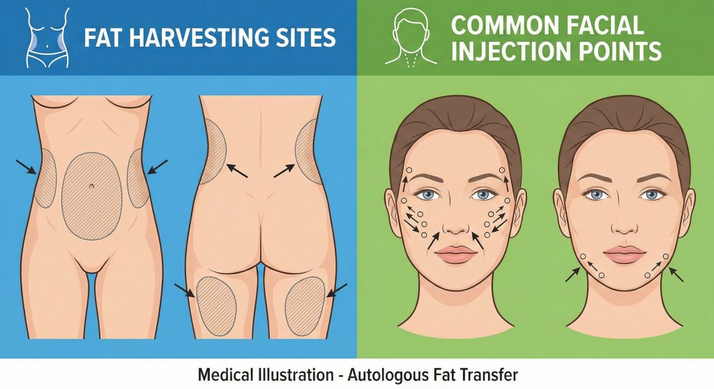 Comparison chart that shows where fat is harvested and where it is injected to the face.