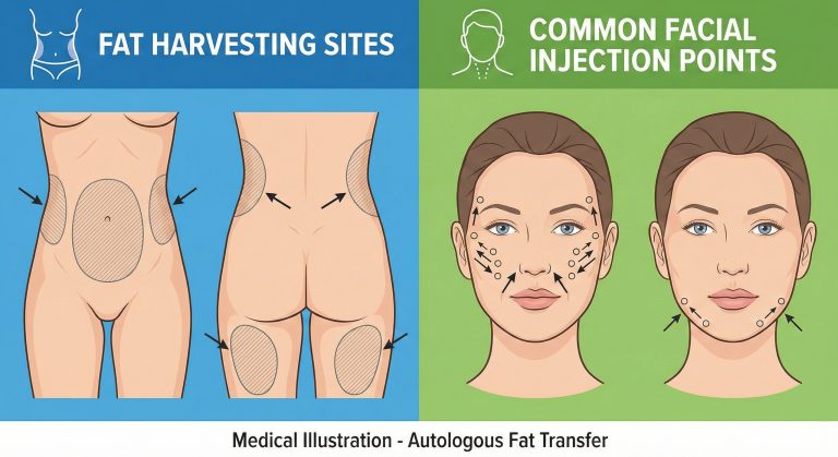 Comparison chart that shows where fat is harvested and where it is injected to the face.