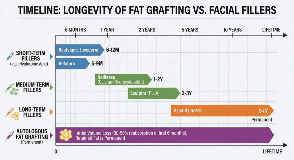 Diagram showing the longevity of fat grafting vs fillers