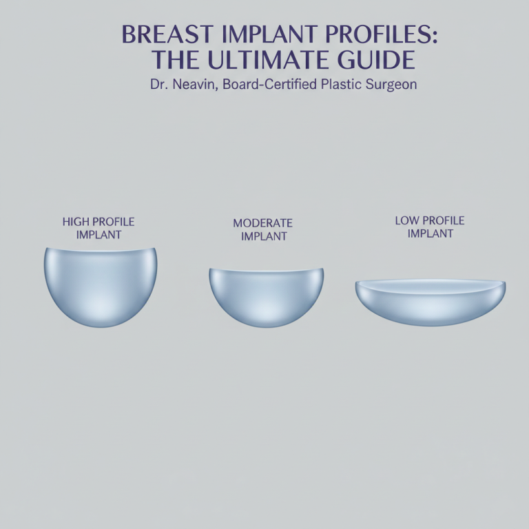 Infographic comparing high, moderate, and low profile breast implant shapes and projection.