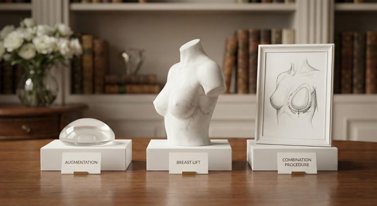 Breast augmentation vs breast lift vs combination procedure illustration showing implant, lifted breast model, and surgical diagram