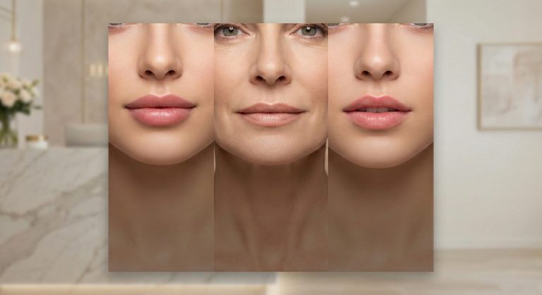 Three close-up photographs side-by-side showing different women's lips with varying natural-looking fullness and shapes, illustrating the results of different lip enhancement procedures.